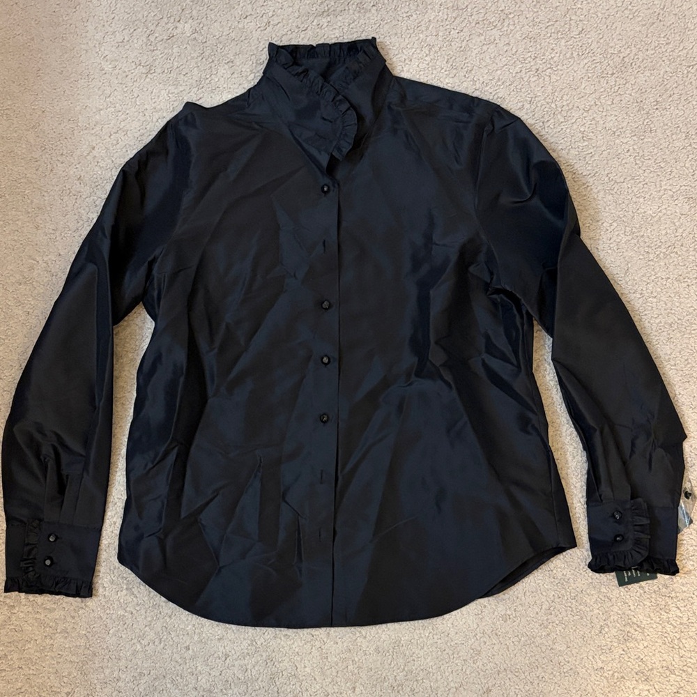 Ralph Lauren Women’s Black 100% Silk Button Down Shirt Size 14 New With Tags